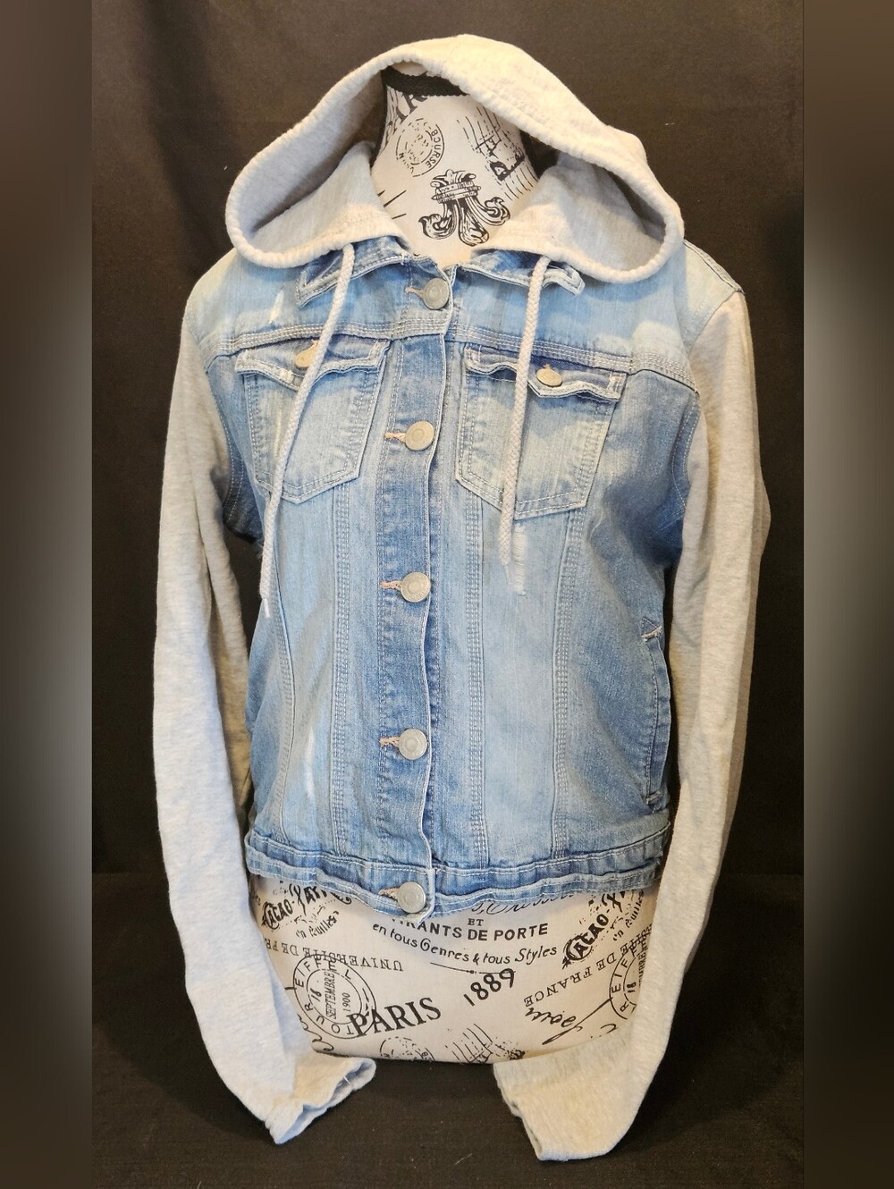 Wallflower Dreamer Knit-sleeve Hooded Distressed Jean Jacket Junior's XL